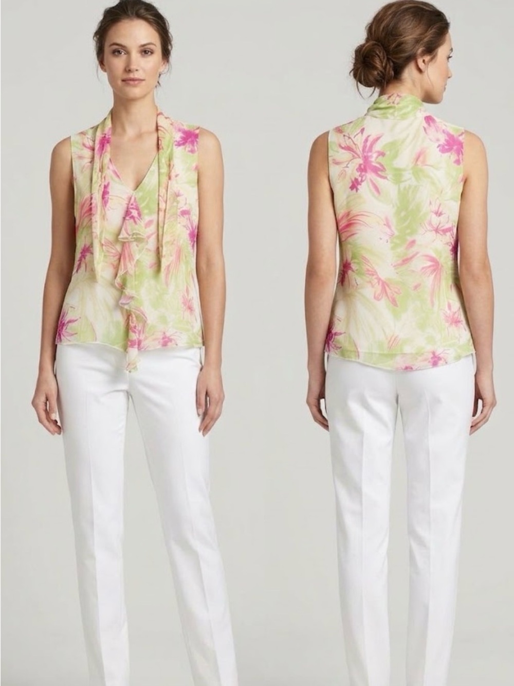 Worthington green/pink floral print sheer silk blouse with ruffles - Size 10